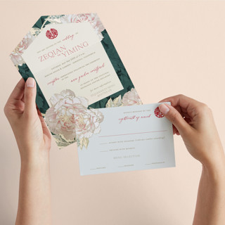 Auspicious Peonies All-in-One Foil-Pressed Wedding Invitations
