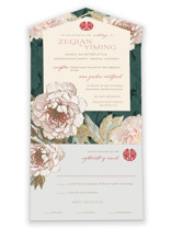 Auspicious Peonies All-in-One Foil-Pressed Wedding Invitations