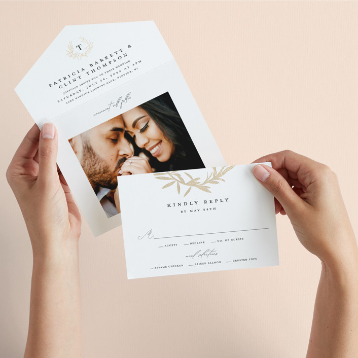 laurel monogram All-in-One Foil-Pressed Wedding Invitations by Stacey