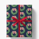 Navy Wreath with Red Bow Gift Wrap, Set of 5 Sheets Holiday Gift Wrap