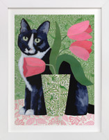 Tuxedo Cat Barry with Pink Tulips