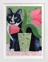 Tuxedo Cat Barry with Pink Tulips