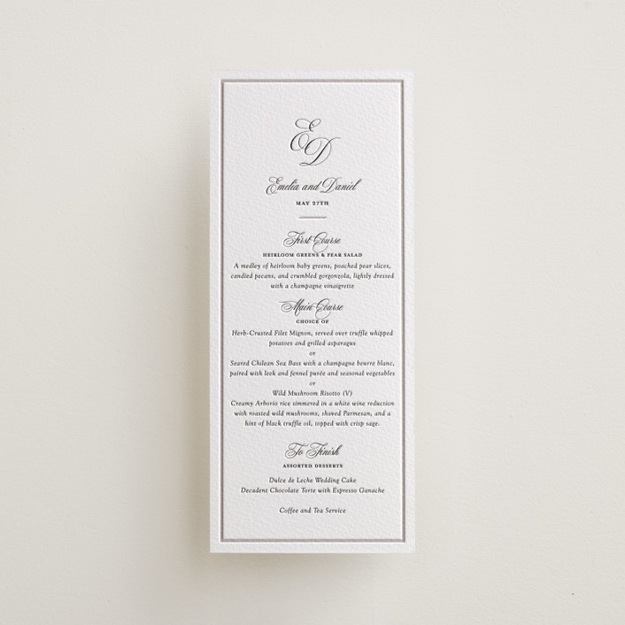 Royal Letterpress Long Menus by Melinda Denison | Minted