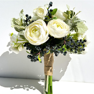 Pale Green Ranunculus Wedding Bouquet with Blueberries, Silk Artificial Flower Centerpiece Decor Bouquets
