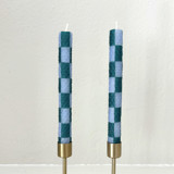 Checkered Taper Candles (Green & Light Blue)