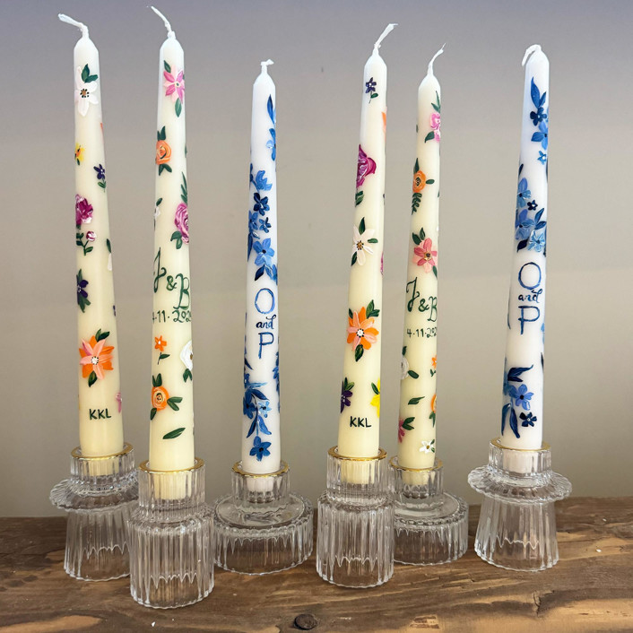 Fully Custom HandPainted Taper Candles, Set of 2 Candles & Holders by