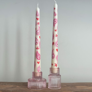 Ivory with Pink and Red Paisley Hearts Hand-Painted Taper Candles, Set of 2 Candles & Holders