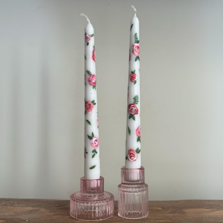 White with Pink and Red Roses Floral Hand-Painted Taper Candles, Set of 2 Candles & Holders