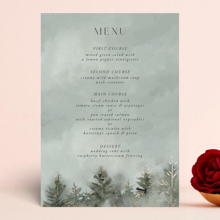 misty forest Foil-Pressed Menus by Petra Kern | Minted