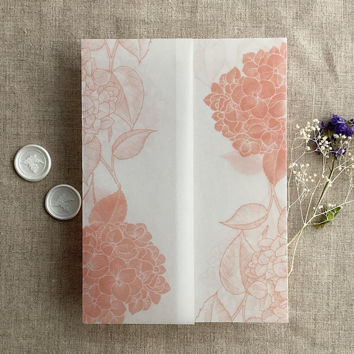 Blush Hydrangea floral printed vellum wrap for 5x7 card pack of 10
