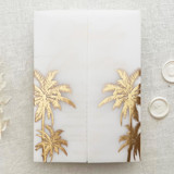 Palm Vellum Wrap for 5x7 Wedding Invitation, Tropical Gold Foil Vellum Jacket, Beach Destination Invite, Set of 10 Invitation Jackets and Overlays