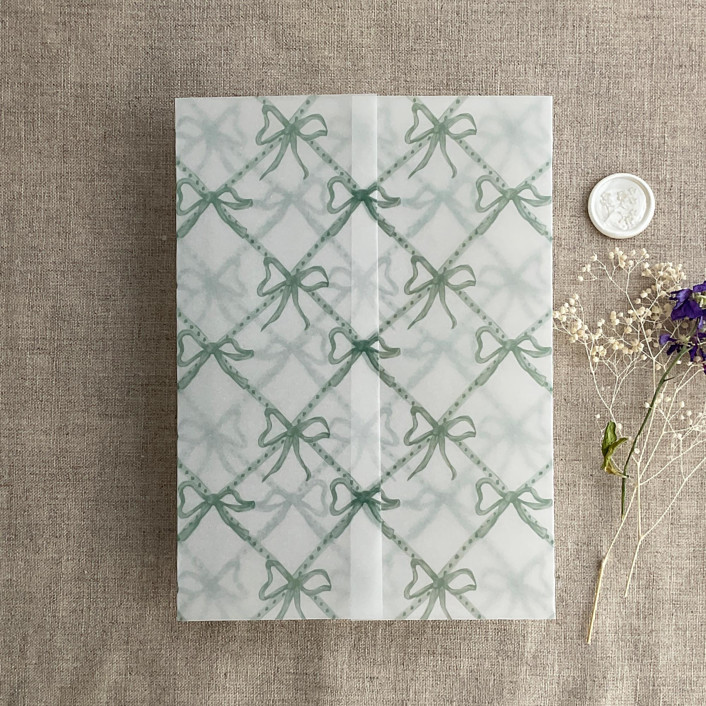 Festive ribbon bow lattice sage printed vellum wrap for 5x7 card pack