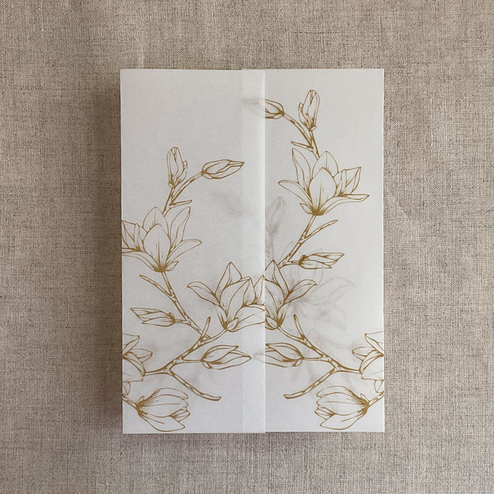 Golden Magnolia flowers printed vellum wrap for 5x7 card pack of 10