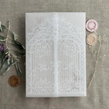 White ink print Baroque style arched gate vellum wrap for 5x7 card | pack of 10 Invitation Jackets and Overlays