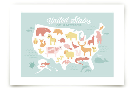Animal American Map Children's Art Prints