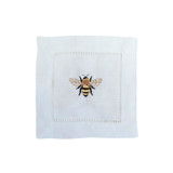 Linen Cocktail Napkins Embroidered with Bespoke Bumble Bee Design  - Set of 4 Napkins