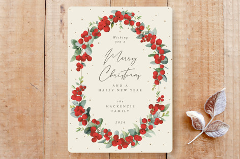 Red Berries & Eucalyptus Botanical Frame Christmas Holiday Card Custom Stationery