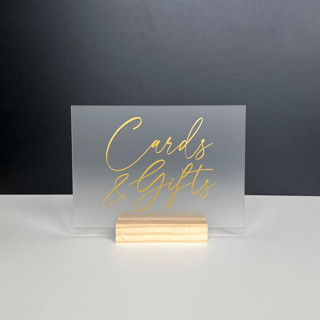 Frosted Acrylic Cards And Gifts Sign, Gold Lettering And Natural Wood Base Wedding Signs