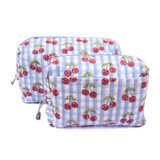 Cherry Makeup Bag in Blue Gingham Blockprint - Large Makeup Bag