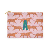 Custom Flat Zip Pouch - Leopard Pink Single Initial Makeup Bag