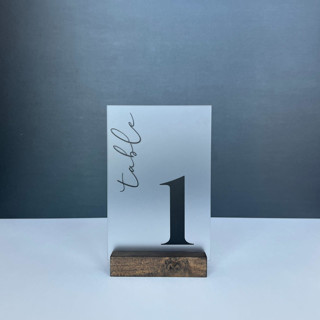 Frosted Acrylic Table Number, Black Lettering And Walnut Wood Base Centerpieces and Tabletop Decor