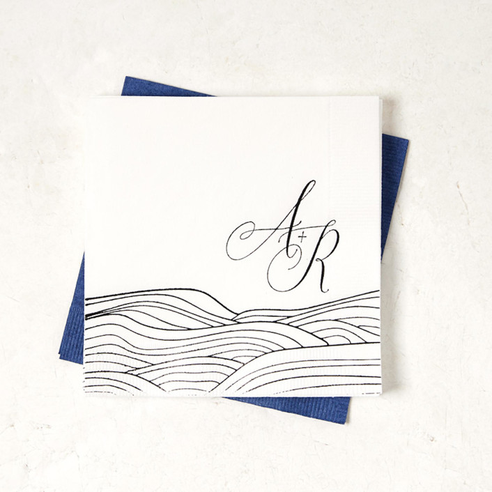 Romantic Waves with Initials, cocktail size, set of 100 Napkins by