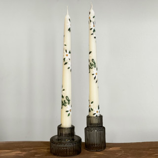 Monogrammed Ivory with Greenery and White Floral Hand-Painted Taper Candles, Set of 2 Candles