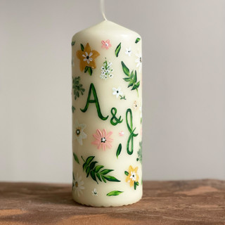 Monogrammed Ivory with Greenery and Pastel Floral Hand-Painted 6” Pillar Candle, Set of 1 Candles