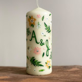 Monogrammed Ivory with Greenery and Pastel Floral Hand-Painted 6” Pillar Candle, Set of 1 Candles