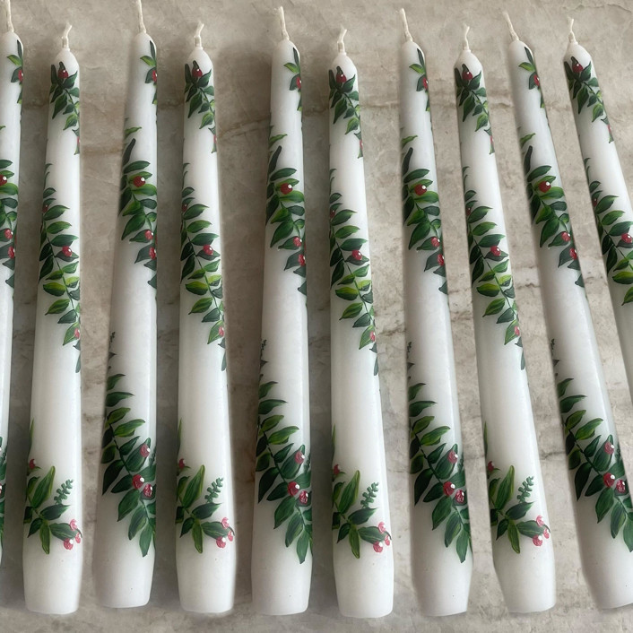 White with Holly Greenery HandPainted Taper Candles, Set of 10 Wedding