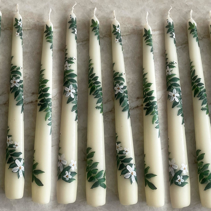 Ivory with Greenery and White Floral HandPainted Taper Candles, Set of