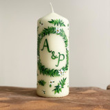 Monogrammed Ivory with Greenery and White Floral Hand-Painted 6” Pillar Candle, Set of 1 Candles