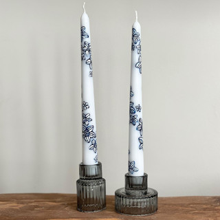 Blue and White Outline Floral Hand-Painted Taper Candles, Set of 2 Candles