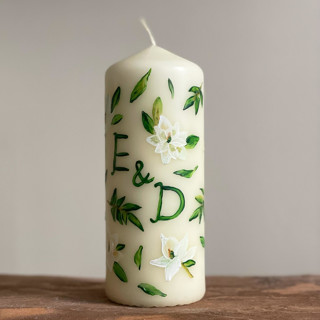 Monogrammed Ivory with Magnolia and Greenery Hand-Painted 6” Pillar Candle, Set of 1 Candles