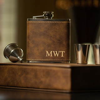 Rustic Brown Custom Engraved Initials Flask Gift Set Groomsmen Gifts