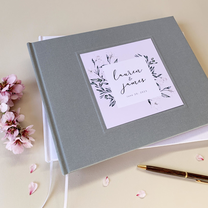 Custom Wedding Guest Book Floral Bouquet Gray & Plum Guest books by Transient Books Minted