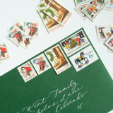 Green & Red Vintage Holiday Postage Set, Christmas Toys and Children Playing // Set of 5 // $.86 per set Postage Stamps