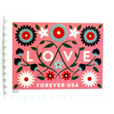 Love 2022 Coral-Pink Background Floral Postage Stamps | Love Series | Folk Art Flowers | Wedding Stamps | Valentine | Unused USPS Forever Stamp | Pack of 10 Postage Stamps