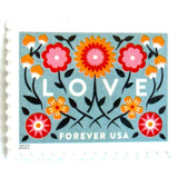 Love 2022 Blue Background Floral Postage Stamps | Love Series | Folk Art Flowers | Wedding Stamps | Valentine | Unused USPS Forever Stamp | Pack of 10 Postage Stamps