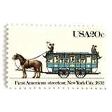 "First American, 1832" New York City Postage Stamps | John Mason Streetcar | Unused USPS Postage 20c | Pack of 10 Postage Stamps