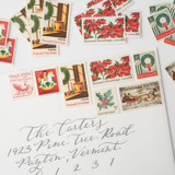 Red & Green Christmas Vintage Postage Set // Set of 5 // UNUSED // Wreath & Sleighs Postage Stamps
