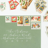Snow Days Holiday Postage Set // Set of 5 // UNUSED // Santa // Needlepoint Postage Stamps