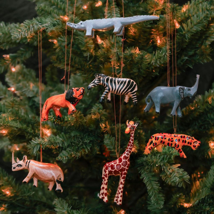 Painted Wood Safari Animals Ornament Set of 7 Ornaments by Aahlada