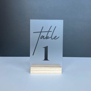 Frosted Acrylic Table Number, Black Lettering And Natural Wood Base Table Numbers
