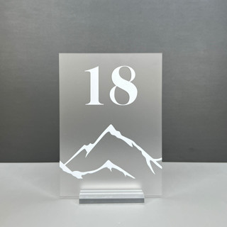 Frosted Acrylic Mountain Table Number, With White Lettering and Acrylic Base Table Numbers