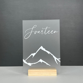 Frosted Acrylic Mountain Table Number, With White Lettering and Natural Wood Base Table Numbers