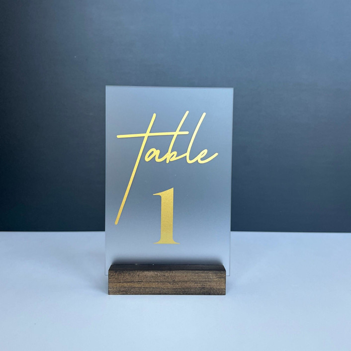 Frosted Acrylic Table Number, Gold Lettering And Walnut Wood Base Table
