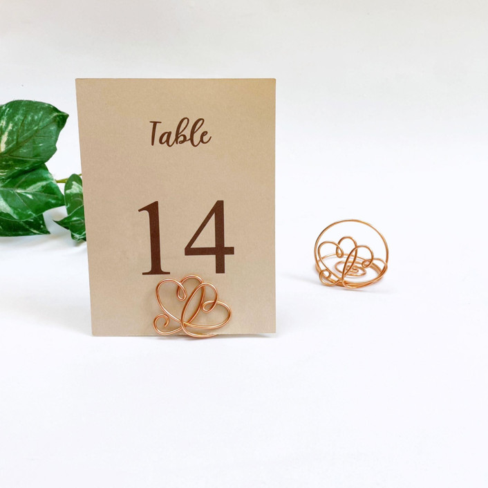 Rose Gold Wire Double Heart Table Number Card Holder, Set of 5 Place Card Holders by JV Country