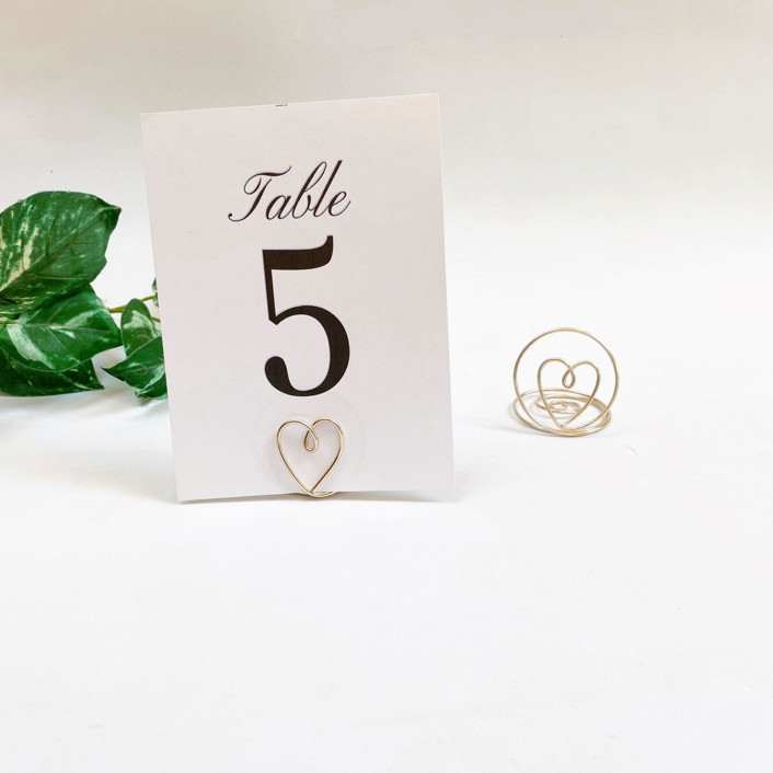 Champagne Wire Heart Table Number Card Holder, Set of 5 Place Card Holders by JV Country