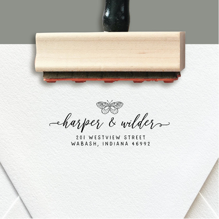 Custom Return Address Stamp Moth With Romantic Script Design Address